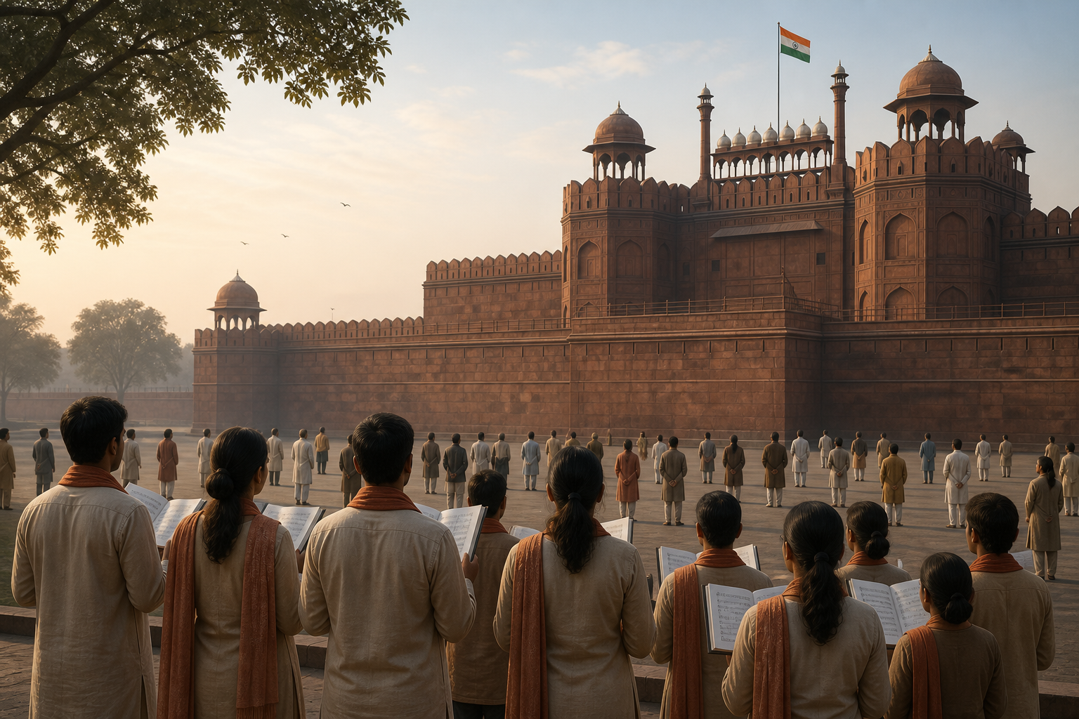 A small fictional choir sings toward the Red Fort while an audience listens beneath the Indian flag.