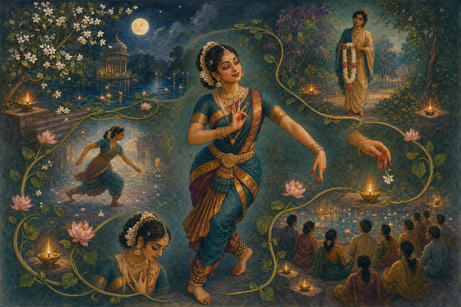 Five connected vignettes surround a classical Indian dancer, showing a moonlit setting, a beloved with a garland, expressive gestures, subtle emotional reactions, and absorbed spectators.