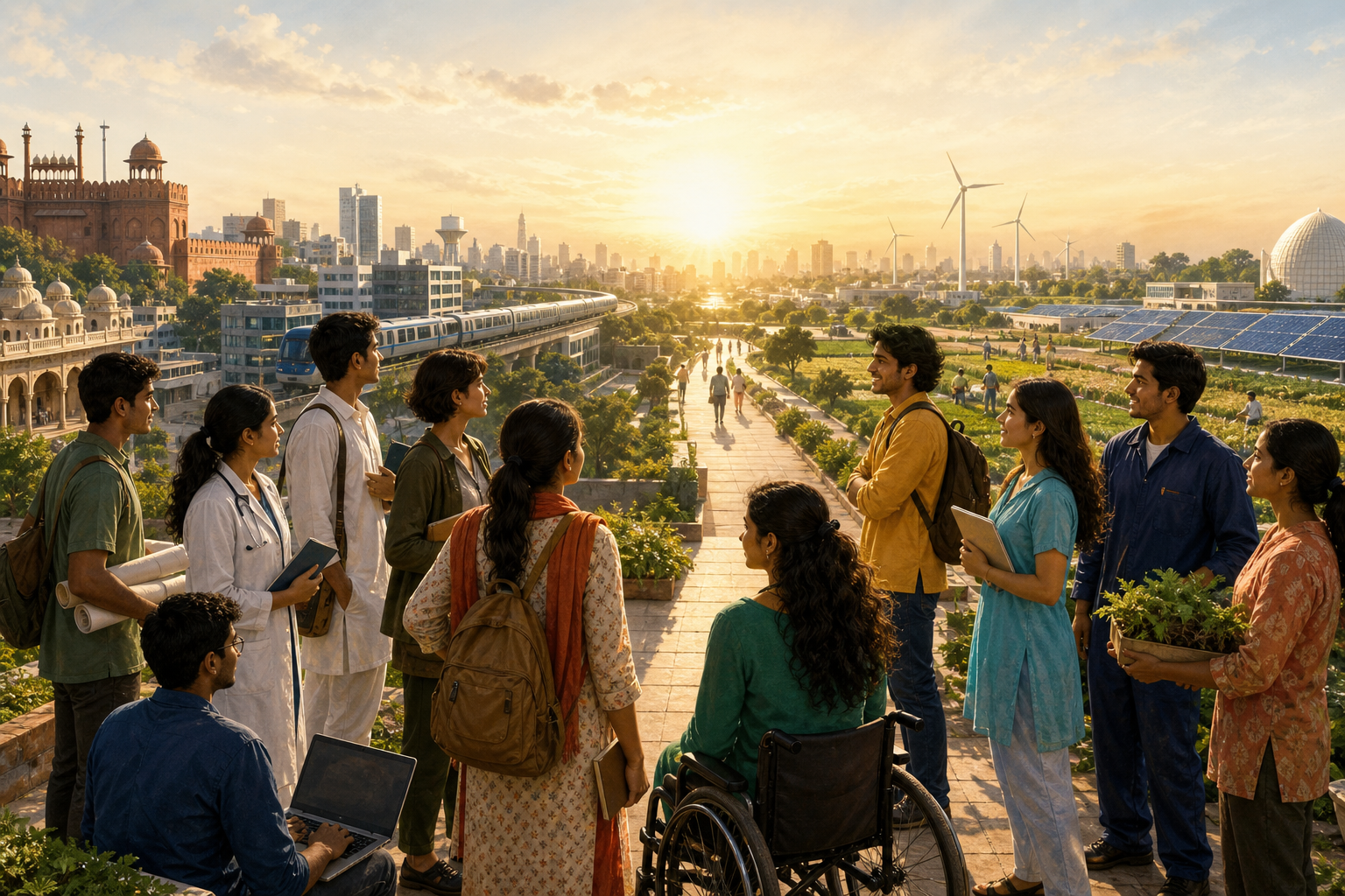 Fictional young Indians from varied fields overlook a cityscape of heritage sites, farms, research facilities, clean transit, and renewable energy.