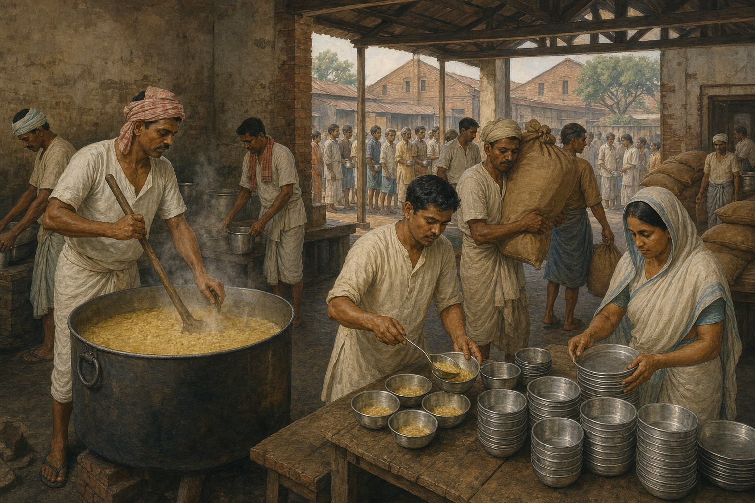 Bengali workers and volunteers prepare and portion food in a 1943 relief kitchen equipped with large cauldrons, sacks, and metal bowls.