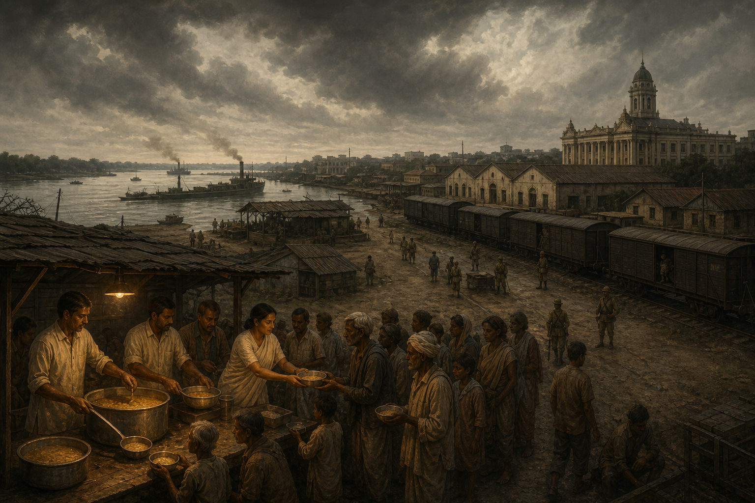 A small illuminated relief kitchen serving Bengali civilians stands before a darker landscape of river transport, warehouses, railway wagons, and colonial administrative buildings.