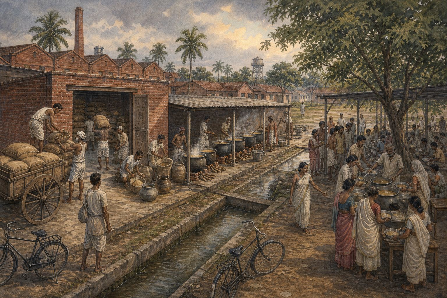 Factory workers and neighborhood volunteers move grain sacks from a cart to a communal kitchen and food-serving courtyard in an industrial settlement.