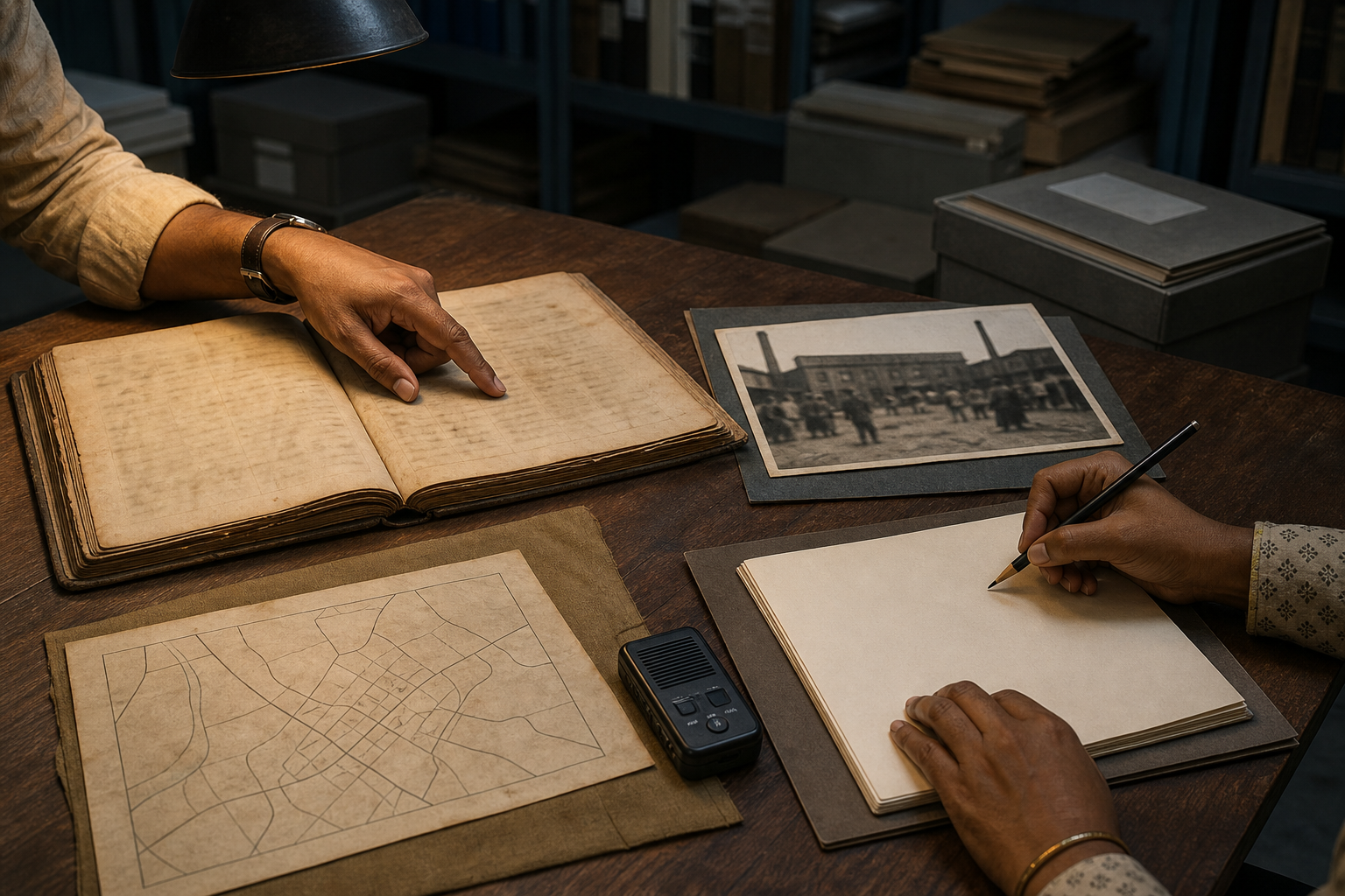 Two researchers compare a worn ledger, an unlabeled historical photograph, a simple map, and an audio recorder on an archive table.