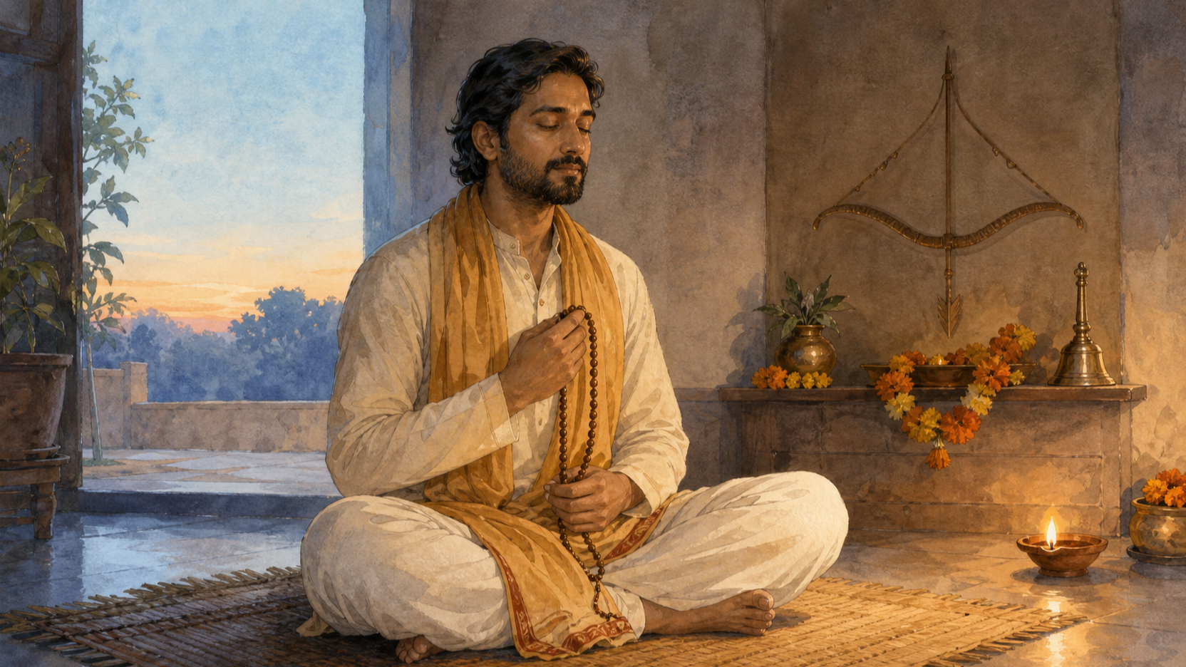 A practitioner sits on a woven mat at dawn, holding prayer beads beside a small lamp, flowers, and a bow-and-arrow motif in a home shrine.