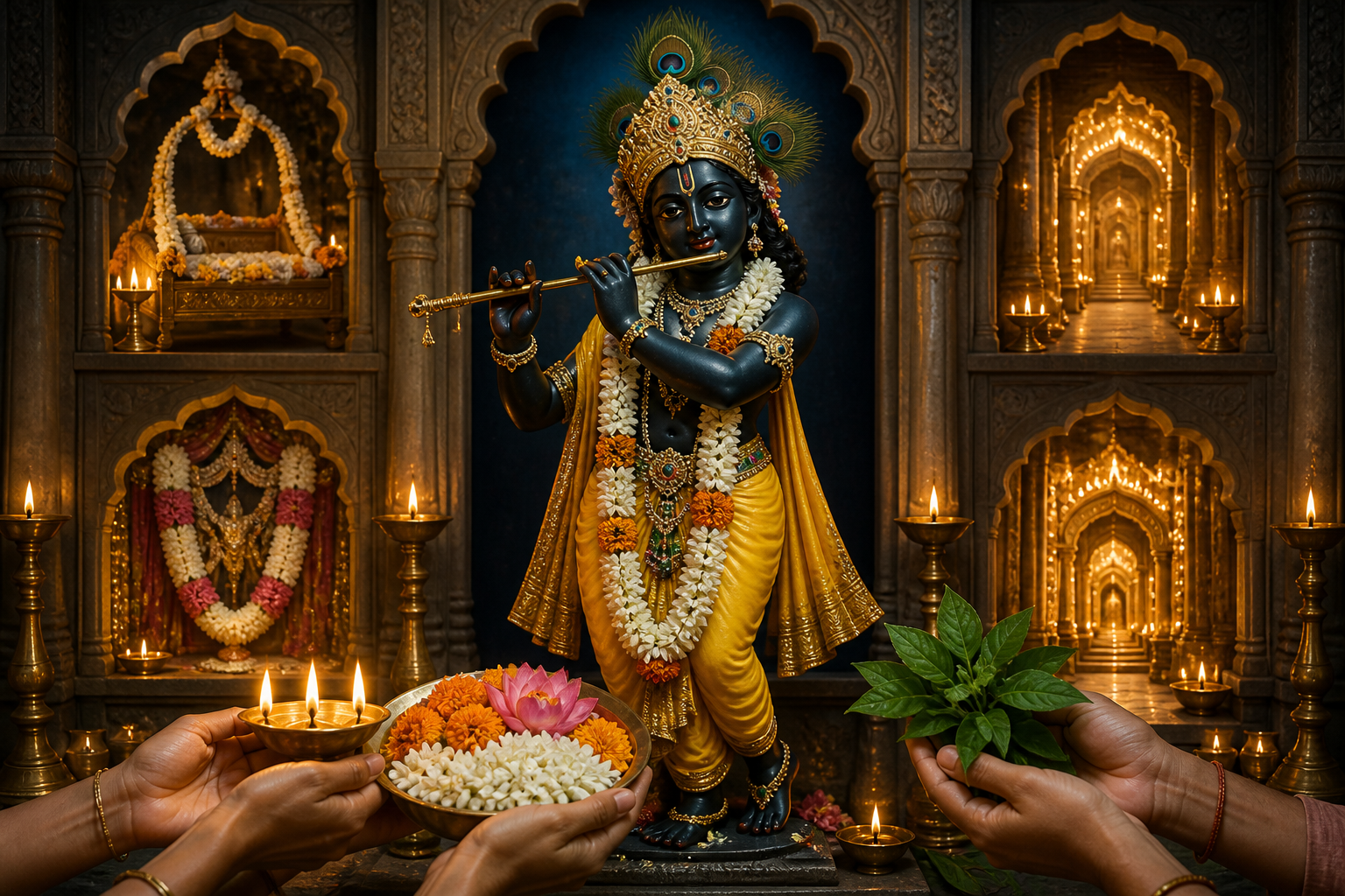 A Krishna murti adorned with flowers and a peacock feather receives offerings of lamplight, flowers, and tulasi leaves in a temple shrine.