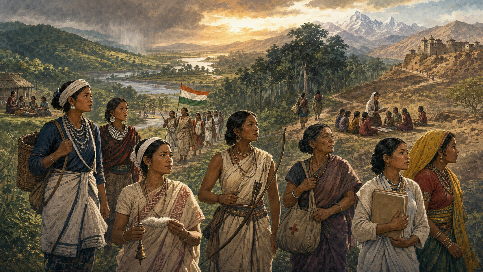 Editorial illustration of Janjatiya women carrying a bow, spindle, medical satchel and books within a landscape joining hills, forests, plains and villages across Bharat.