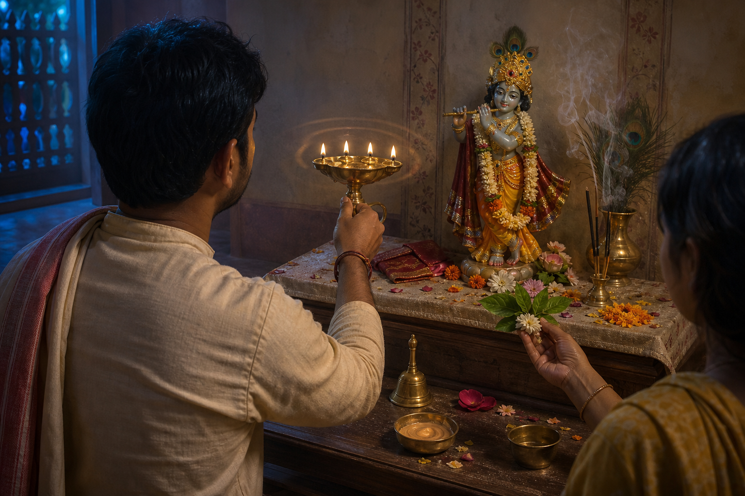 A devotee offers a five-flamed brass lamp before a flower-adorned Krishna murti while another person holds tulasi leaves.