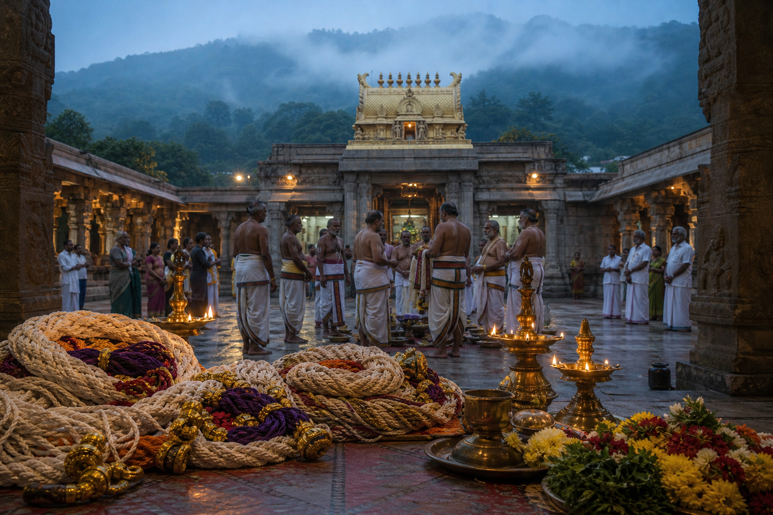 Ceremonial pavitra garlands, brass lamps, priests, and pilgrims in the courtyard of a South Indian Vaishnava temple at dawn.