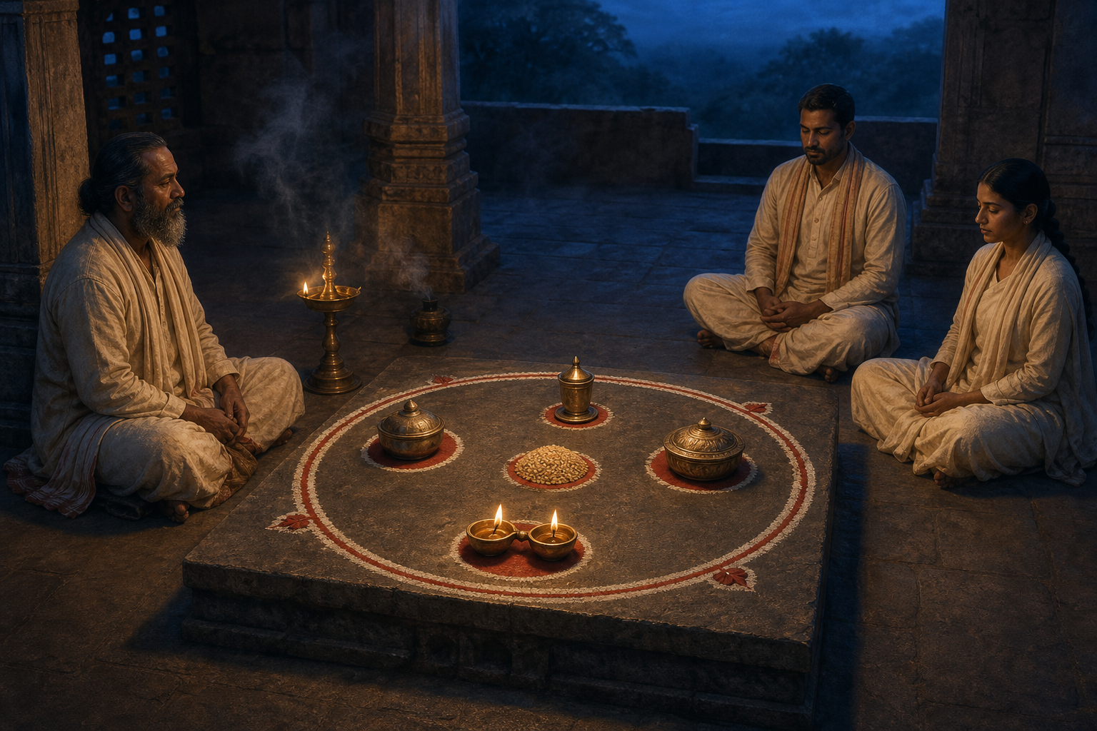 A teacher and two fully clothed adult practitioners meditate around a bounded mandala containing covered ritual vessels, grain, and paired oil lamps in a quiet temple chamber.