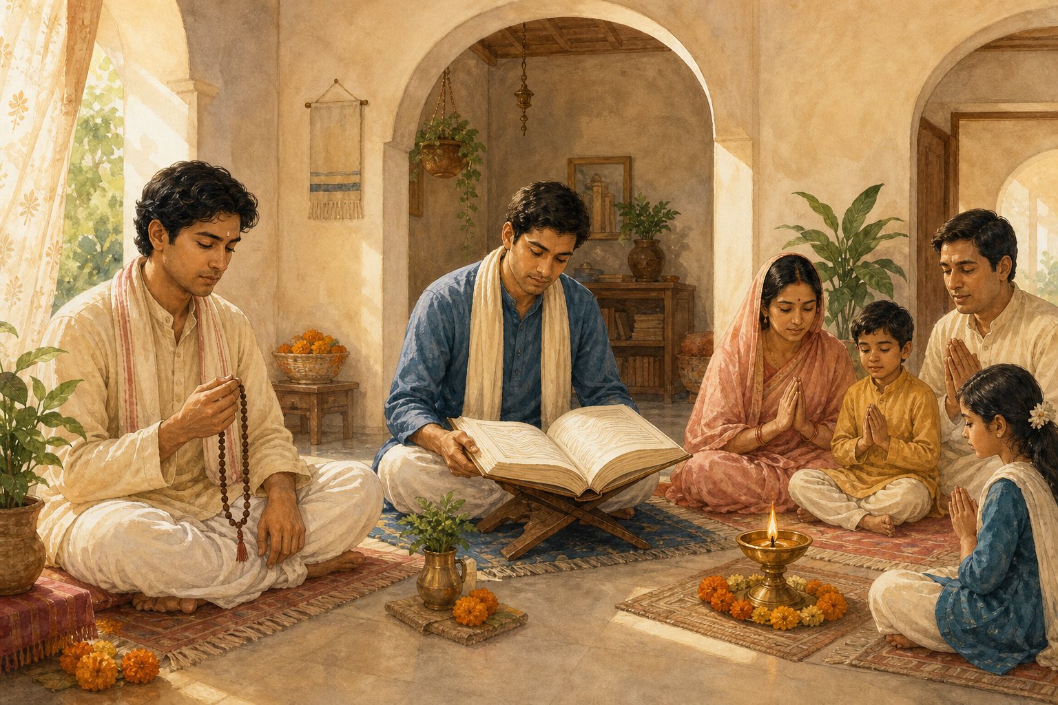 Three connected home scenes show a person using prayer beads, a person reading an open sacred book, and a family reciting together.