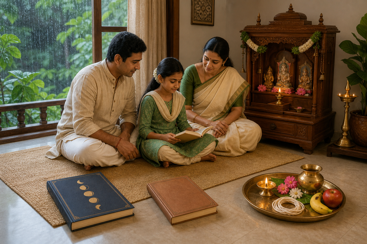 A family sits beside a home shrine with a lunar almanac, a story booklet, and a puja tray arranged separately while monsoon rain falls outside.