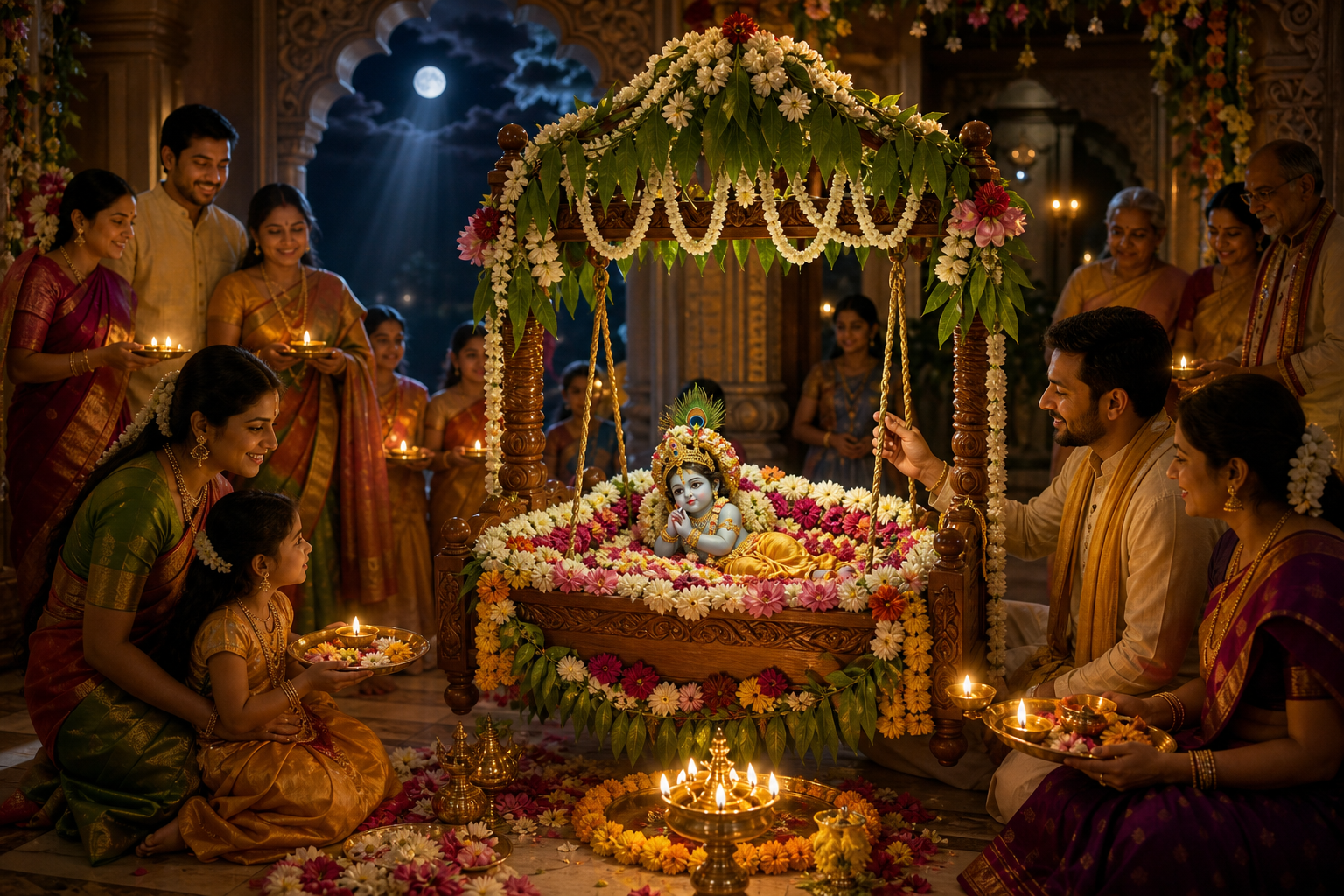 Families gather with lamps and flowers around a cradle holding an infant Krishna murti during a midnight Janmashtami observance.