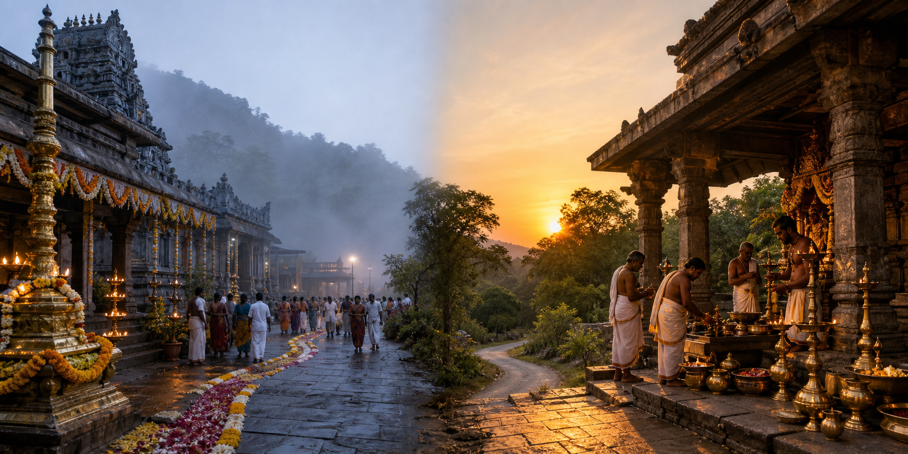 Two different South Indian temple courtyards shown side by side, one in morning light and the other at sunset, connected visually by a winding road.