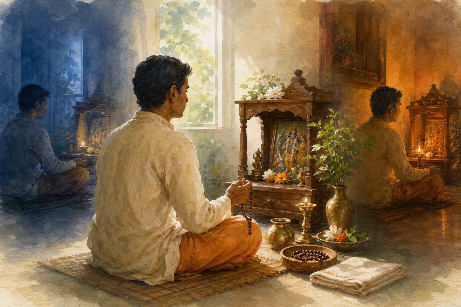 A practitioner uses prayer beads at an orderly home prayer corner, surrounded by a lamp, water vessel, folded cloth, and flowers under changing light.