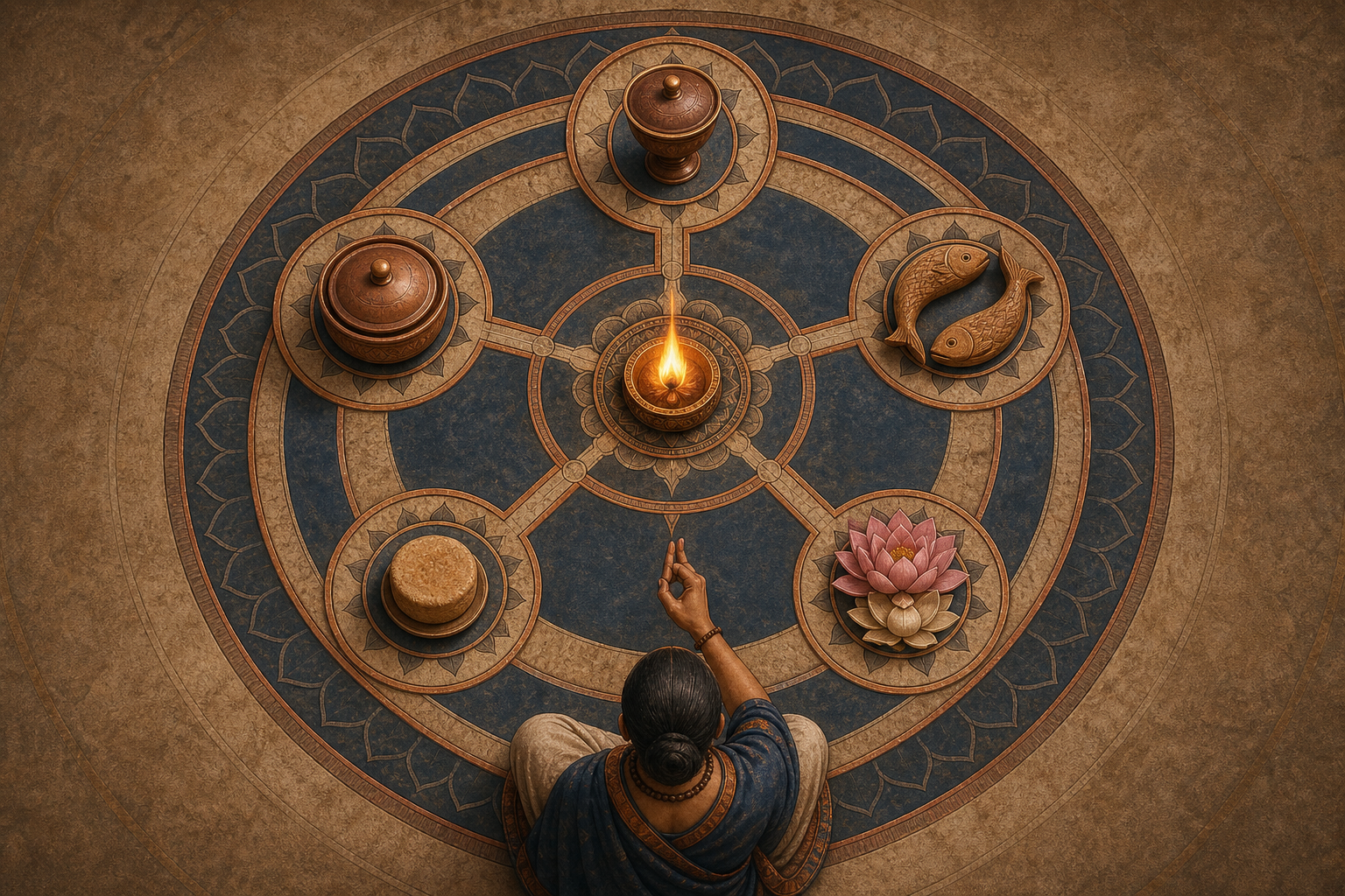 An overhead mandala arranges five symbolic ritual elements around a central flame while a seated practitioner performs a hand gesture.
