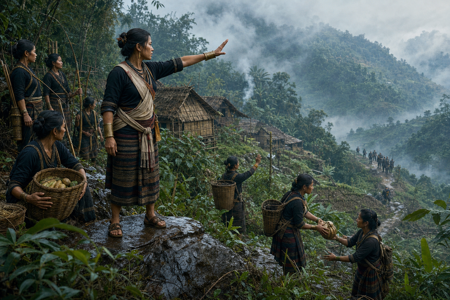 Janjatiya women coordinate village defenses and supplies on a misty forested hillside while sentries observe a distant patrol.