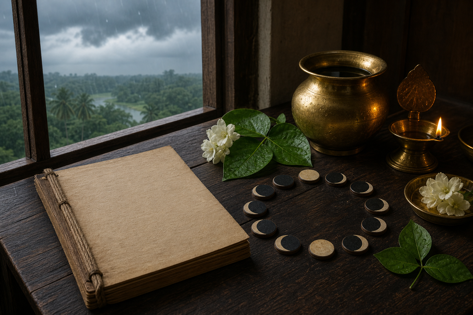 An unlettered almanac, moon-phase tokens, flowers, leaves, and a brass water pot are arranged by a window overlooking a rainy monsoon landscape.