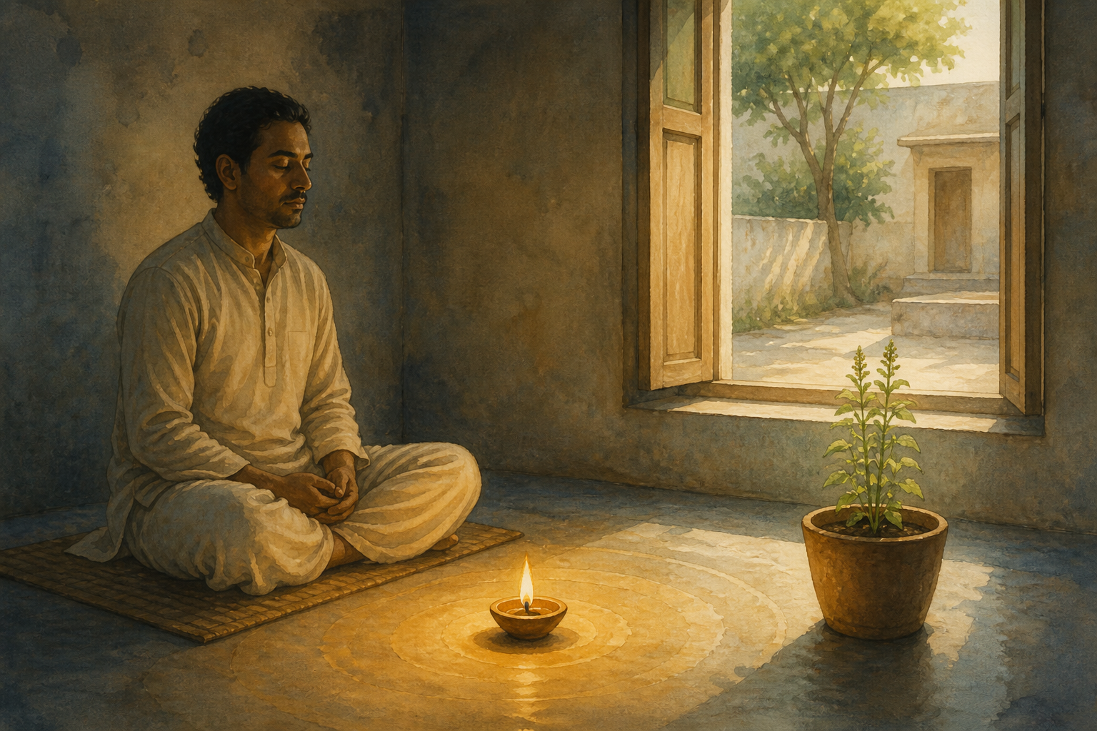 A calm practitioner meditates beside a clay lamp and a growing sacred basil plant as morning light enters a simple room.