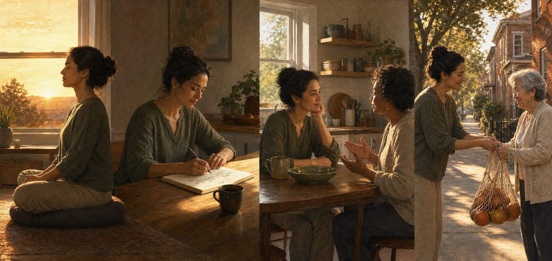 A panoramic scene shows one person meditating at sunrise, reflecting in a notebook, listening at a table, and helping a neighbor later in the day.
