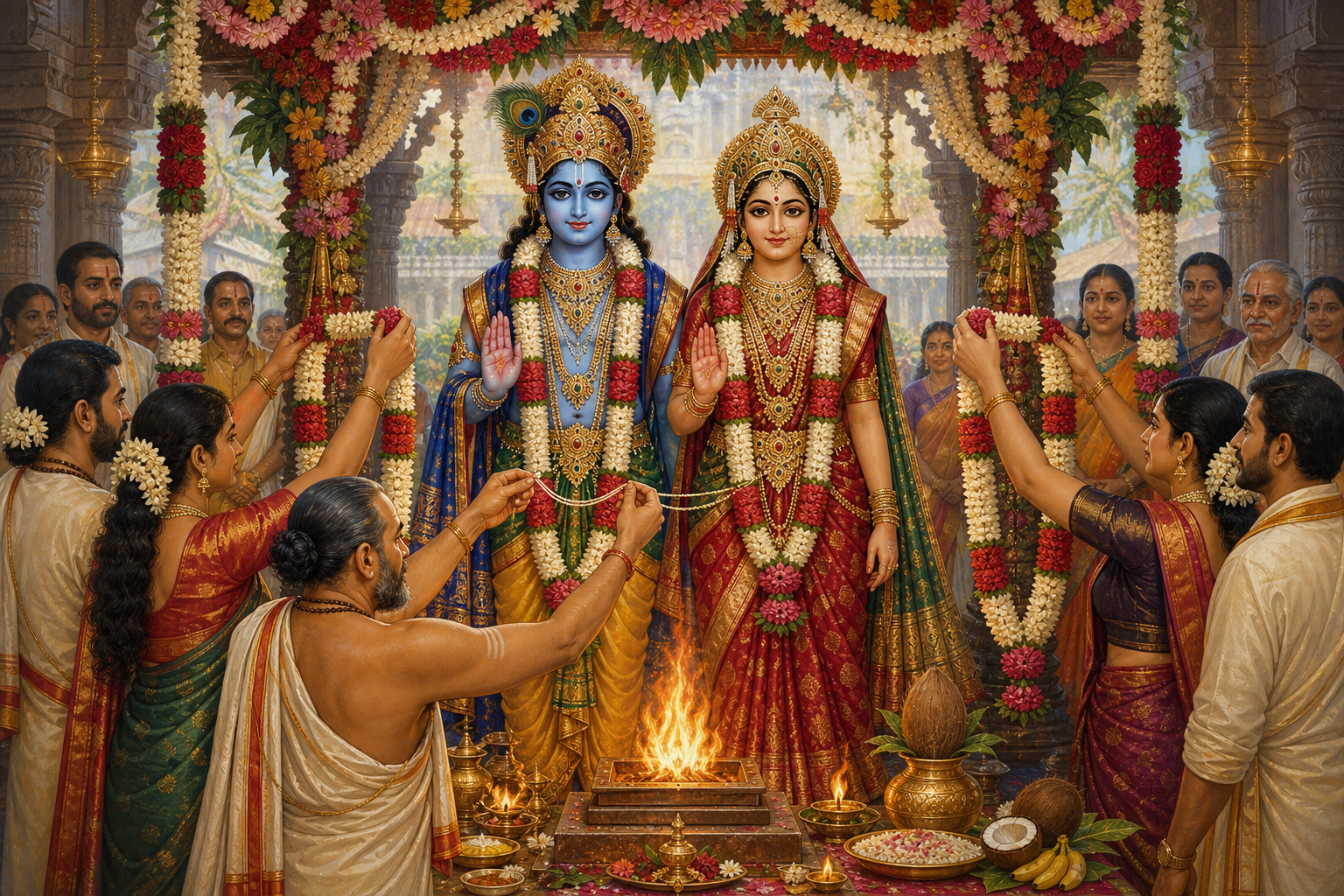 Ceremonial icons of Krishna and Rukmini stand beneath a flowered wedding canopy with garlands, a sacred thread, and a small ritual fire.