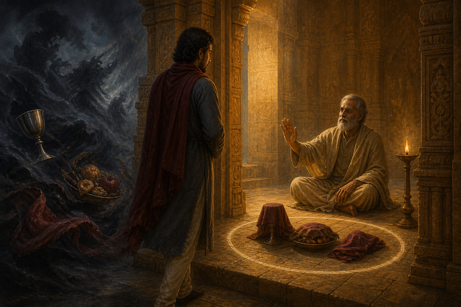 An adult initiate stands at a temple threshold between swirling symbolic temptations outside and covered offerings arranged within a luminous ritual circle inside.