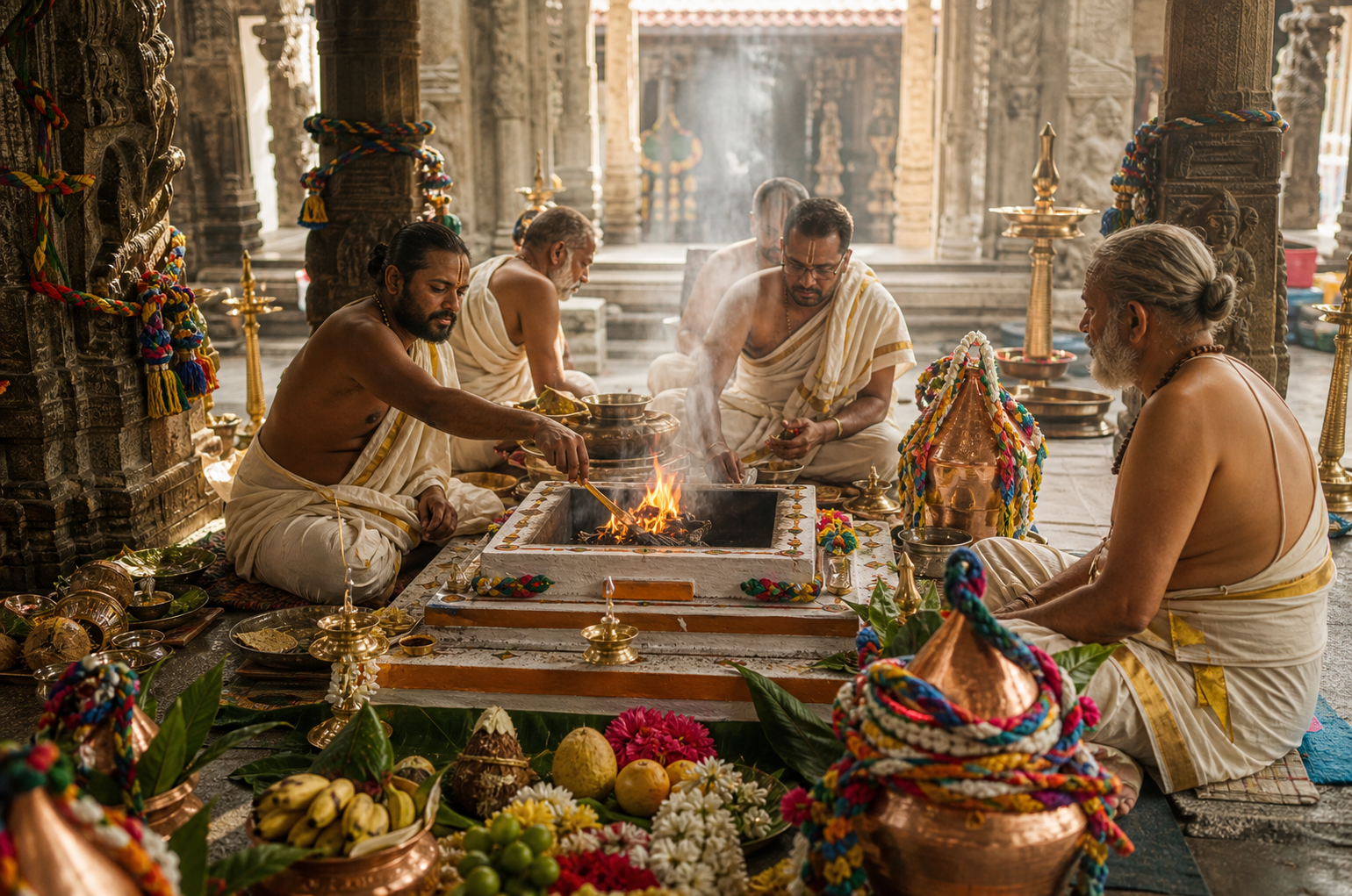Temple priests conduct a fire ritual among sacred silk loops, brass lamps, flowers, and copper vessels in a carved stone hall.