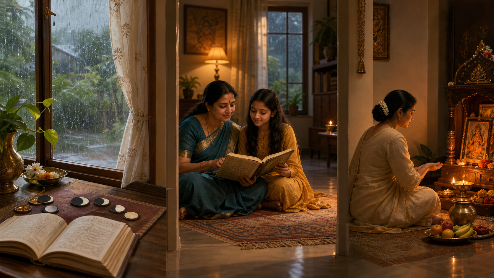 Three adjoining home spaces separately show lunar date preparation, family story recitation, and a simple shrine ritual.
