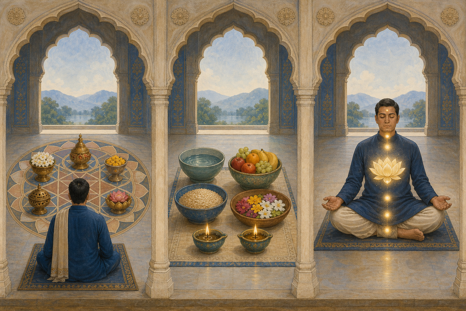 Three adjacent scenes show formal external offerings, substituted offerings of water and plants, and an empty-handed meditator surrounded by five points of light.