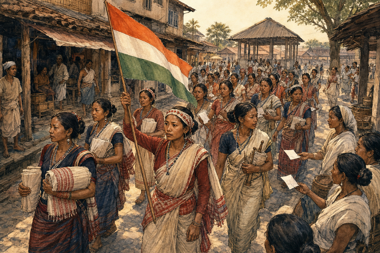 Janjatiya women march through an Assamese town with homespun cloth, spindles, blank leaflets and a hand-sewn tricolour.