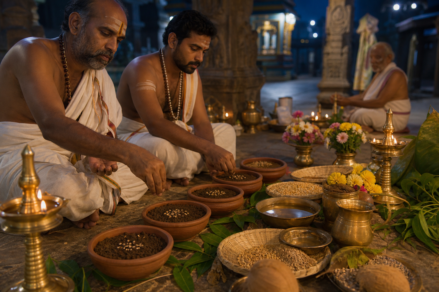 Priests sow seeds into small earthen bowls during an evening Ankurarpanam ceremony lit by brass lamps.