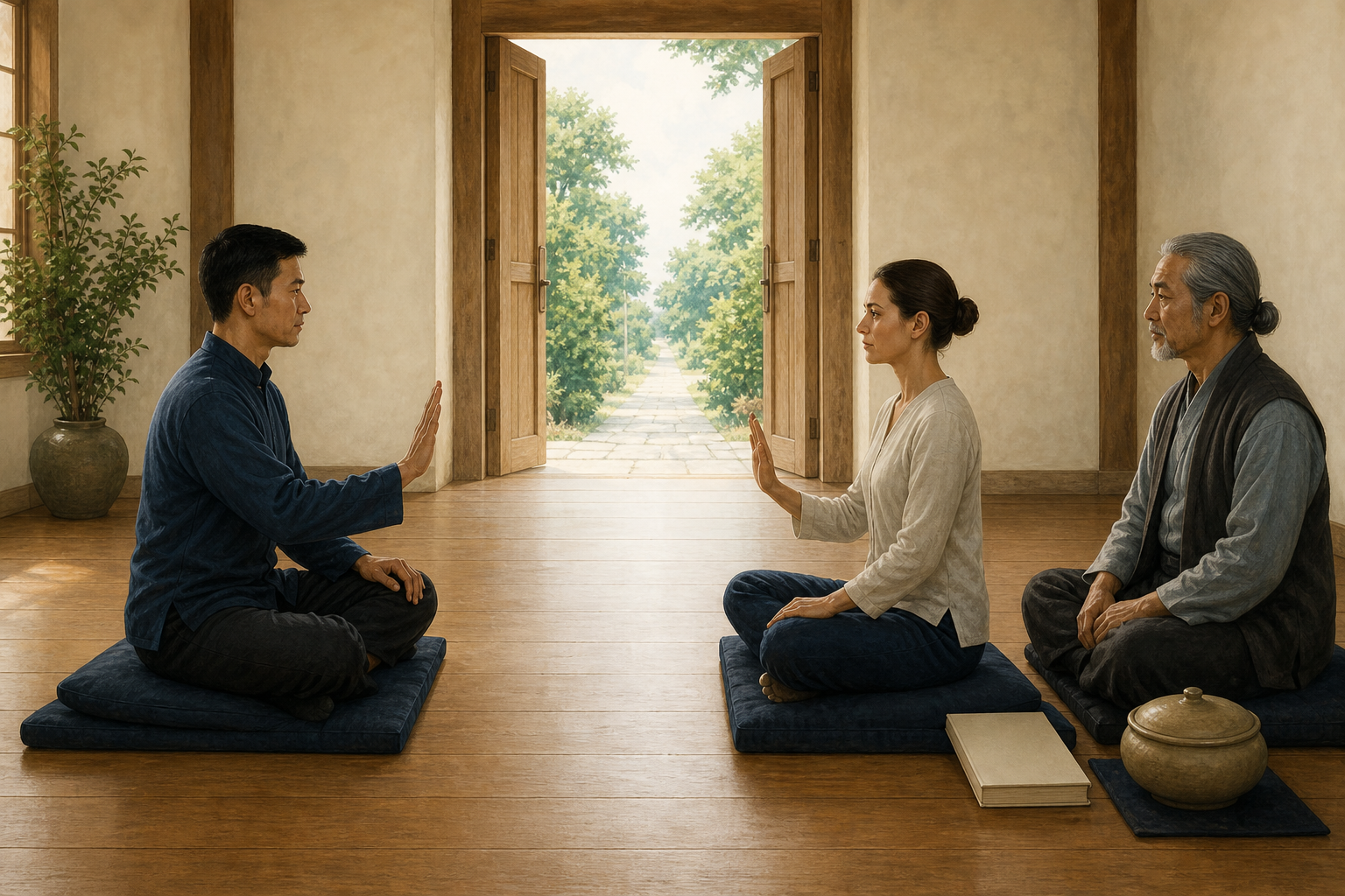 Two fully clothed adult practitioners exchange open-palm gestures across a clear space while a senior guide sits nearby in a bright temple room with an open exit.