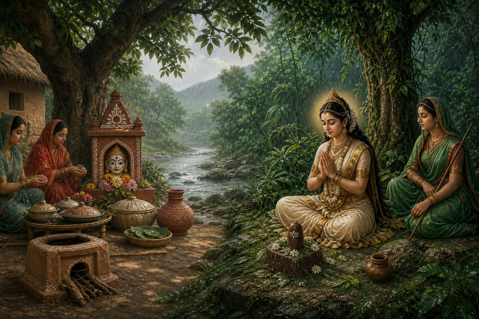 A divided devotional scene shows a shaded Shitala courtyard with an unlit stove and covered food, and Parvati worshipping an earthen linga with a companion in a forest.