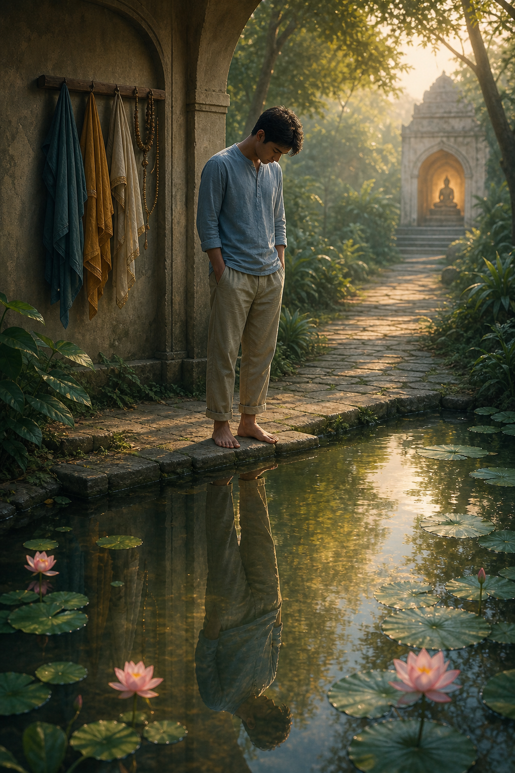 A person stands beside a lotus pond in a temple garden while unused garments hang nearby and a sunlit path leads toward a shrine.