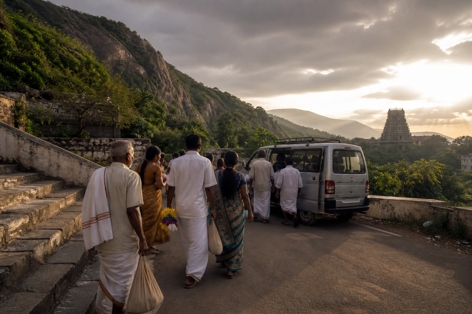 Pilgrims carrying small bags and flower offerings approach a vehicle on a winding road through forested temple hills.