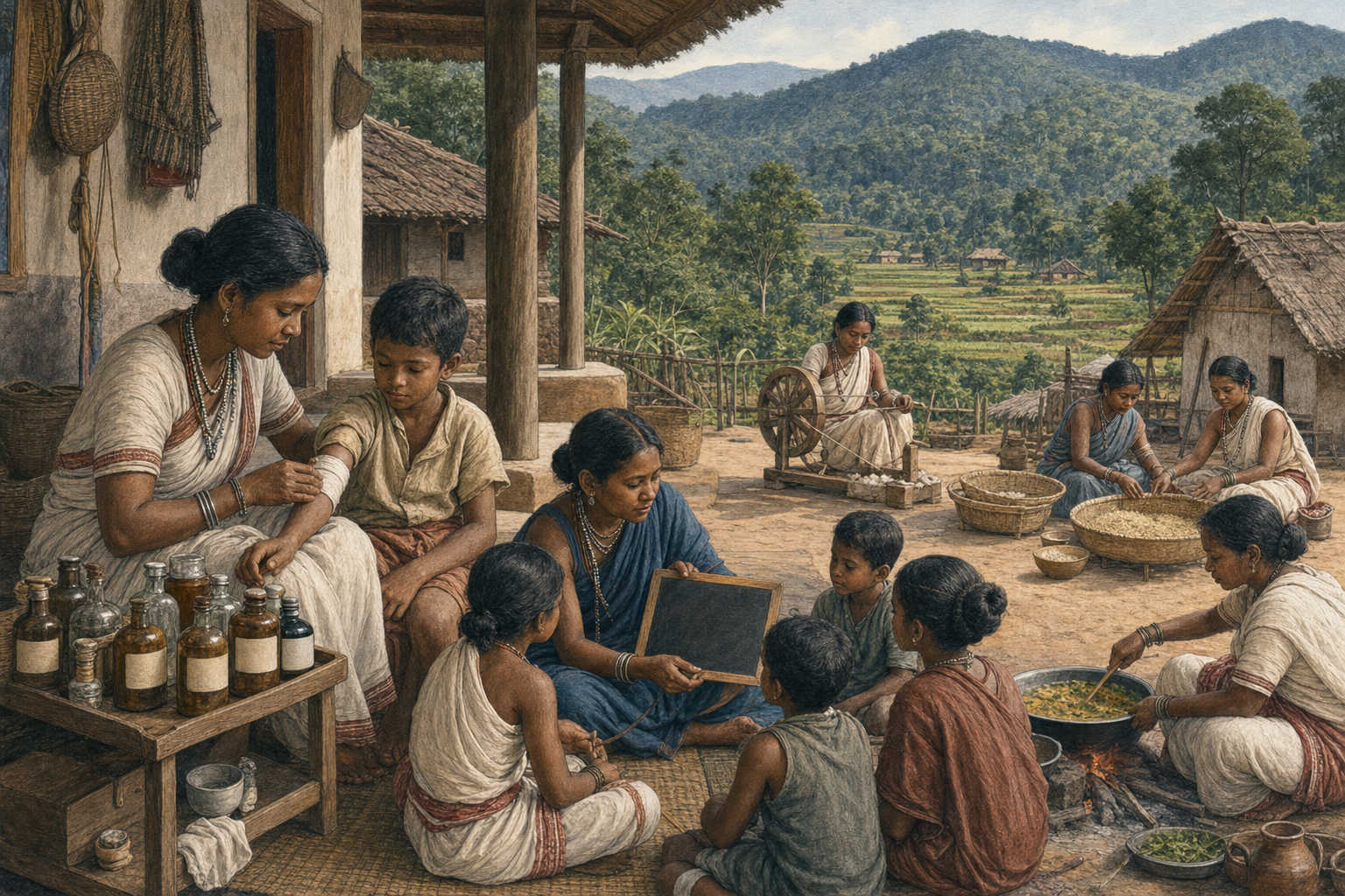Women provide first aid, teach children, spin cotton and prepare shared provisions at a village community building.
