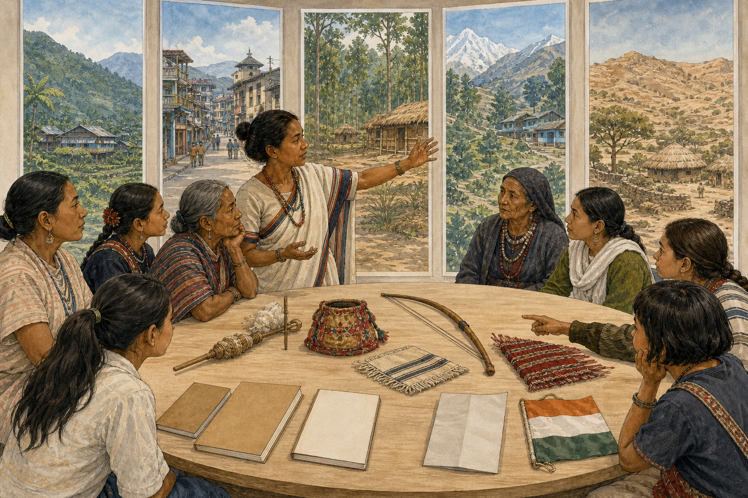 An educator, elders and students examine historical objects beside separate landscape panels representing several Janjatiya regions of Bharat.
