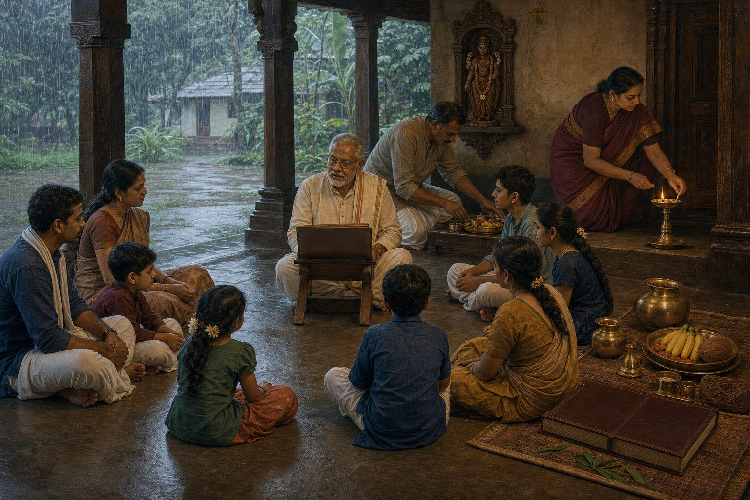 Adults and children listen to an elder reciting from a book while calendar and ritual materials remain neatly organized nearby in a monsoon-lit veranda.