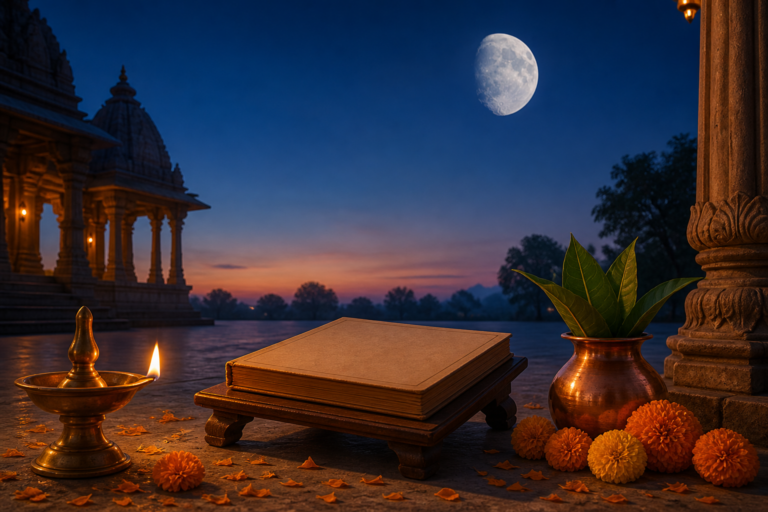 Waxing gibbous moon above a temple courtyard with a brass diya, marigold petals, copper kalash, and an unmarked almanac.