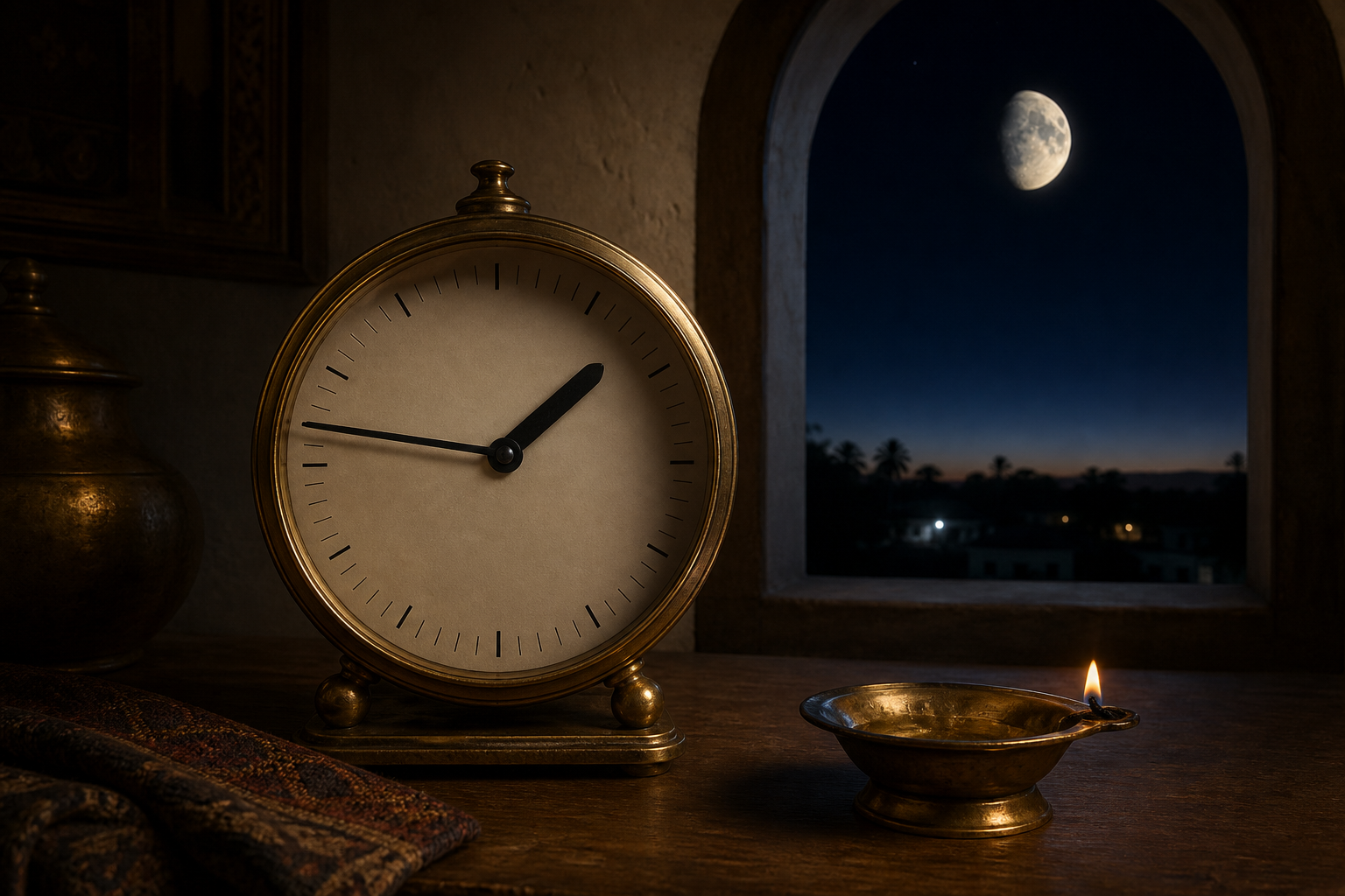Unnumbered brass clock showing 1:46 beside an oil lamp and a moonlit window before dawn.