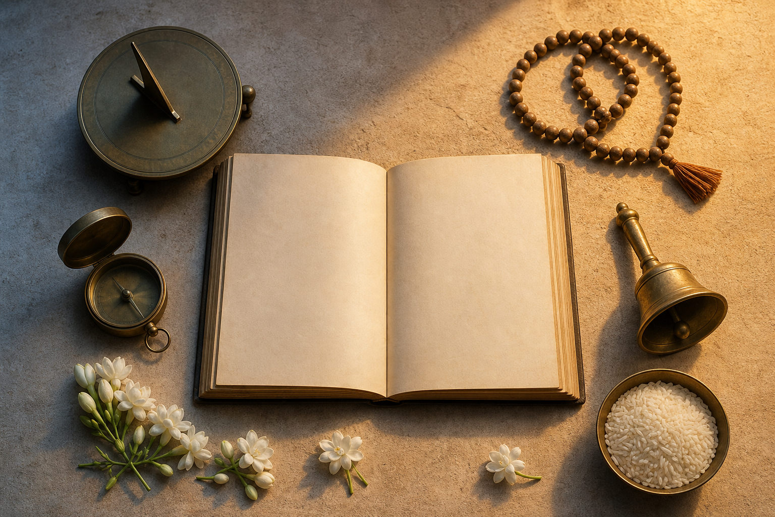 Blank open almanac surrounded by a sundial, compass, prayer beads, rice, temple bell, and jasmine flowers in morning light.