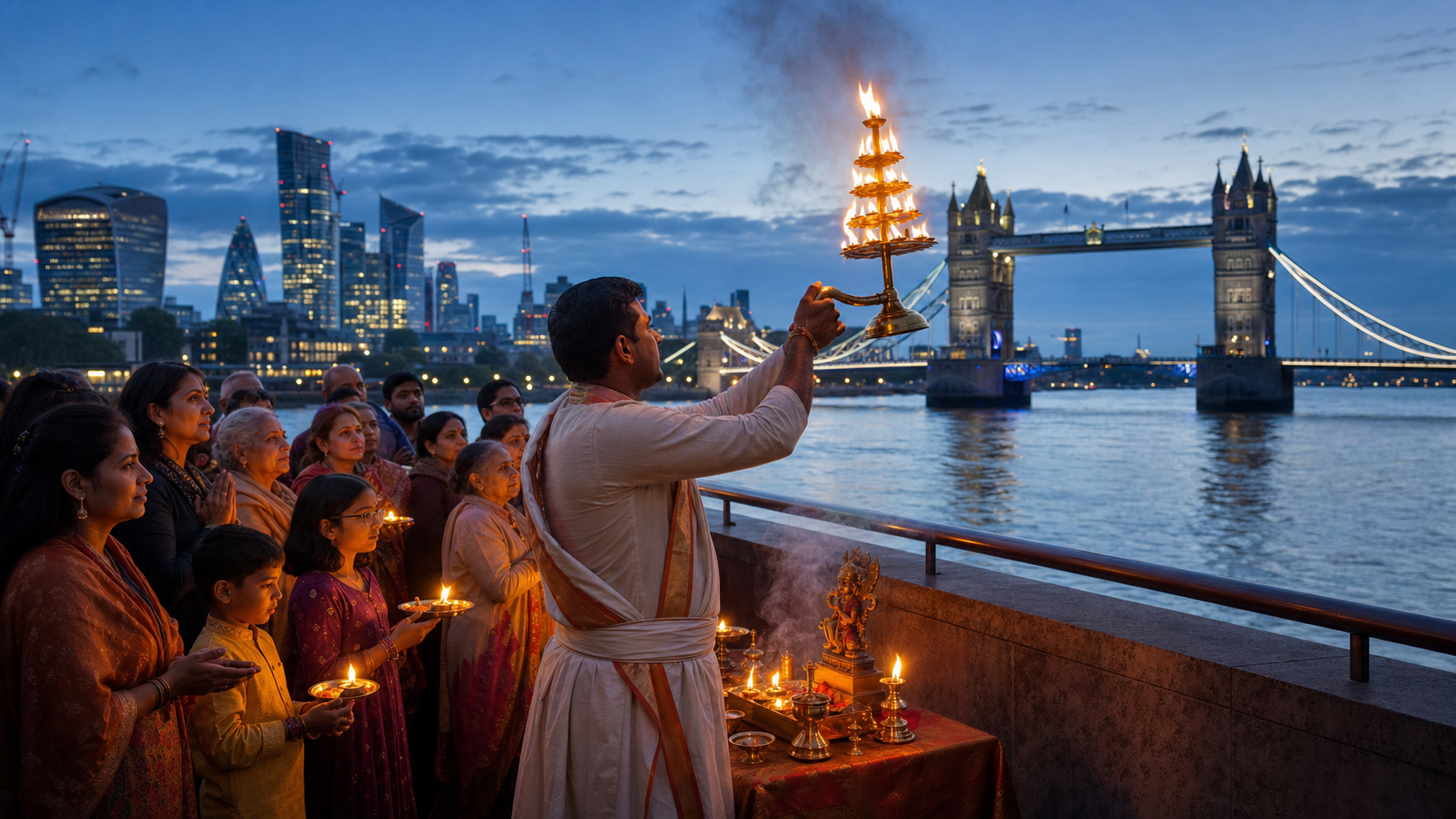 Hindu worshippers perform an evening lamp ceremony beside the River Thames with Tower Bridge visible in the distance.