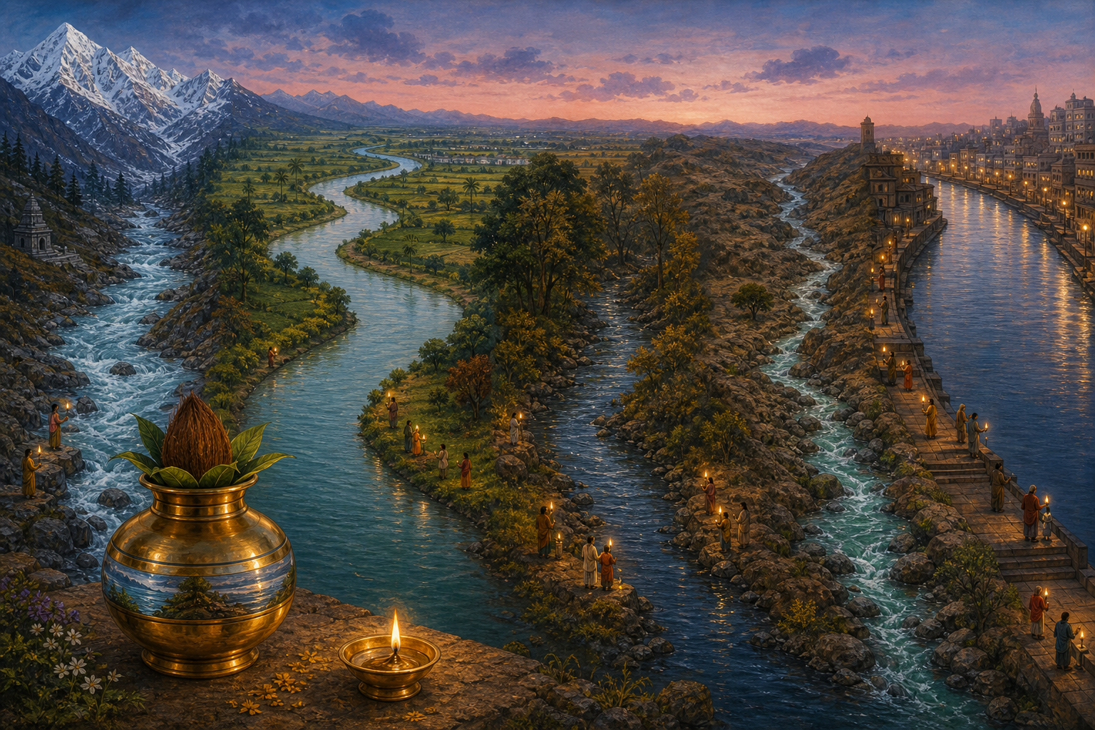 Illustration of separate rivers flowing through varied landscapes, with small groups holding lamps on their banks and a brass vessel in the foreground.