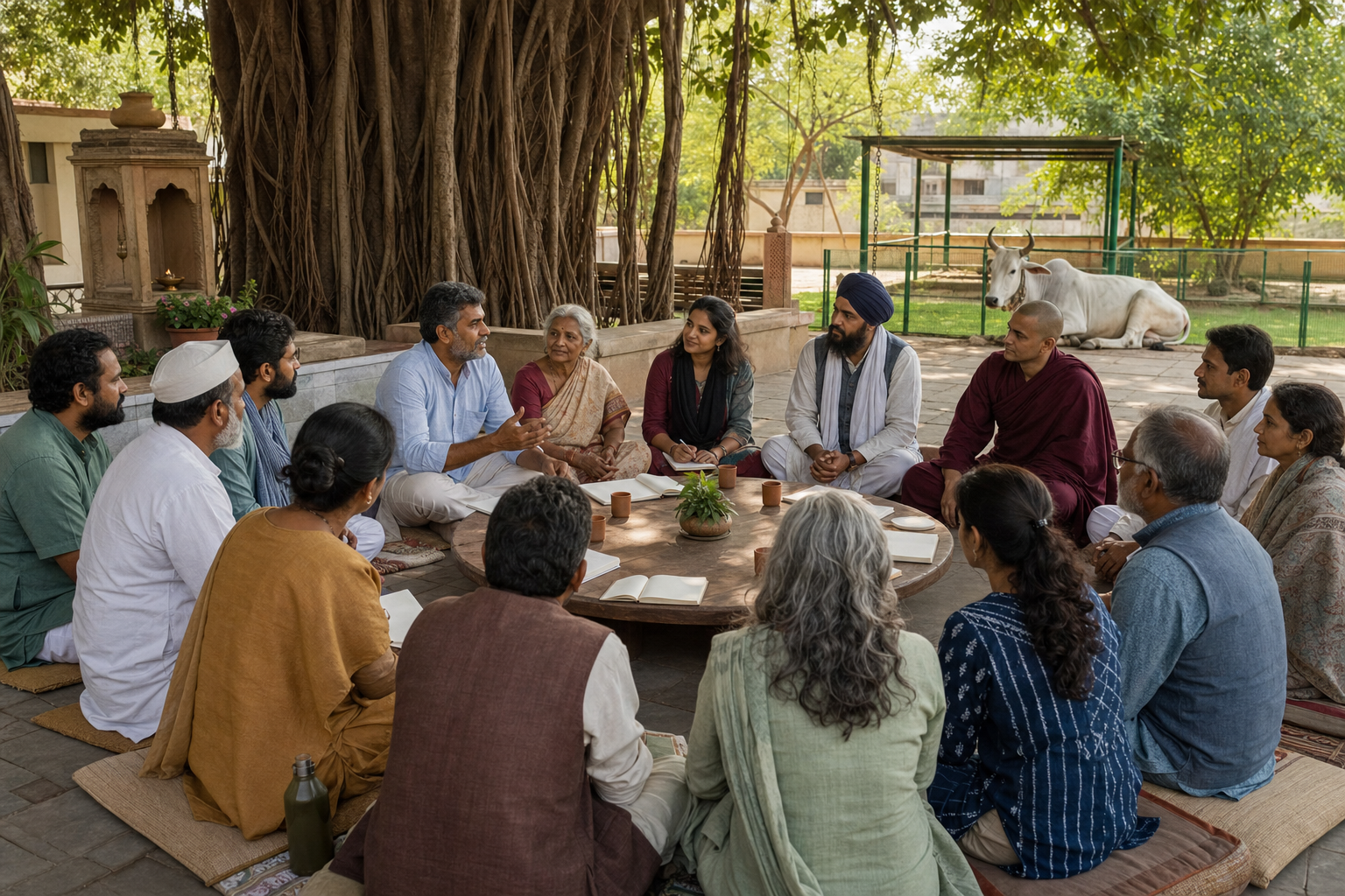 A diverse group of residents, farmers, advocates, and spiritual community members hold a respectful courtyard discussion with a resting cow nearby.