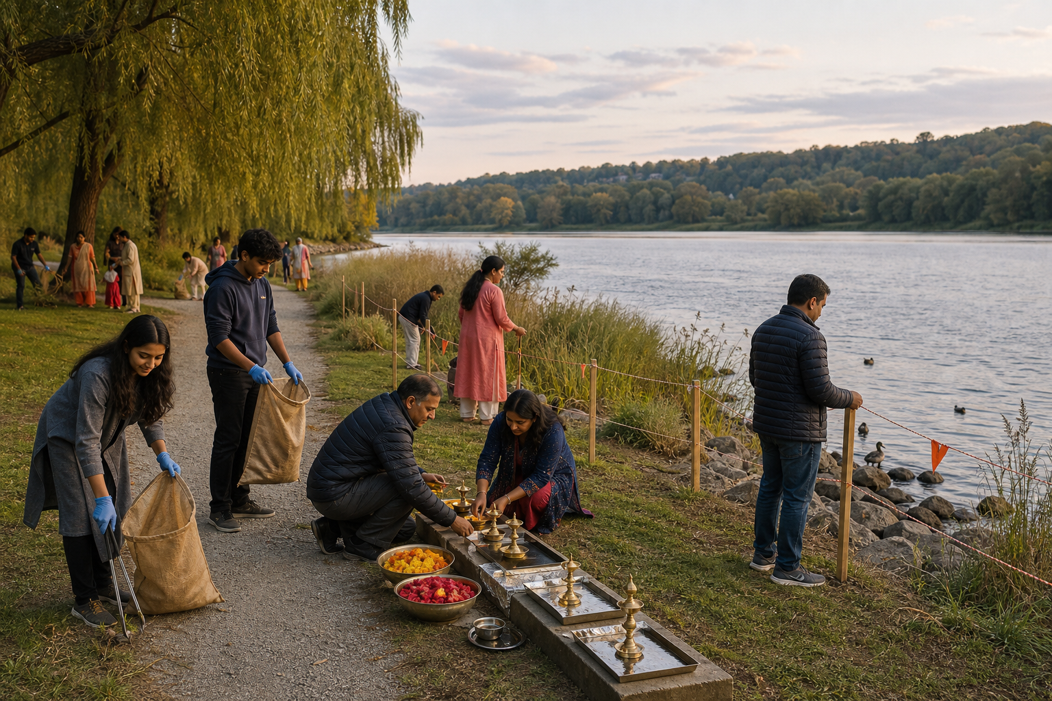 Community members clean and prepare a temperate riverbank for a lamp ceremony using secured trays and reusable offering bowls.