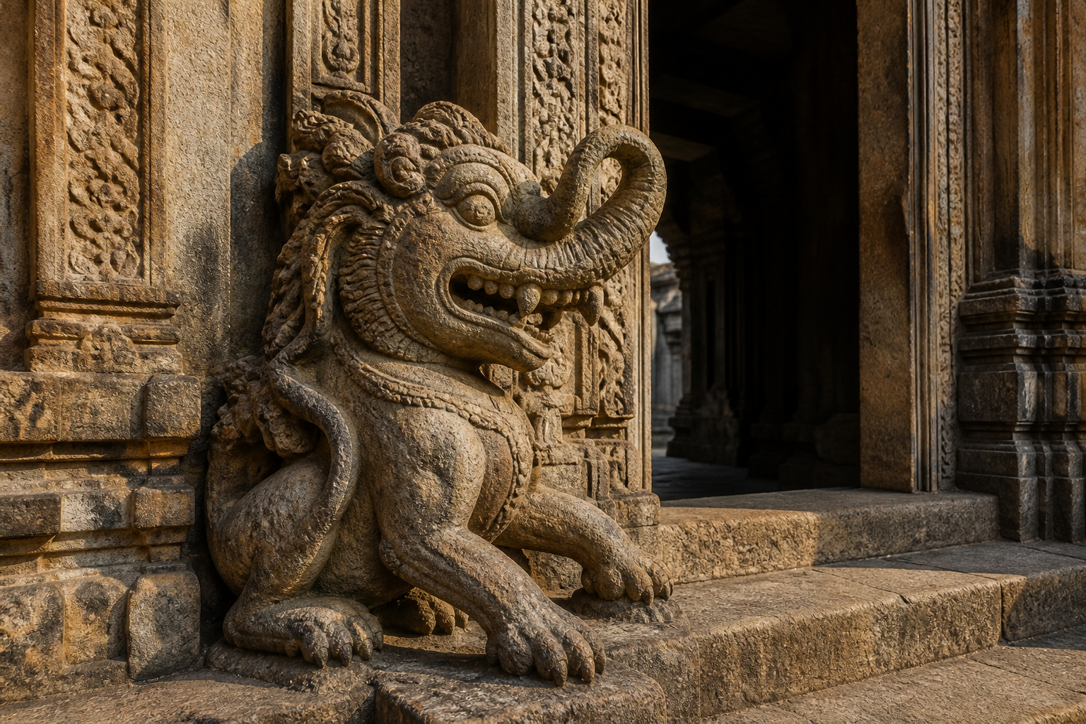 Weathered stone Gaja Vyali with an elephant-like trunk and leonine features carved beside a Hindu temple doorway.