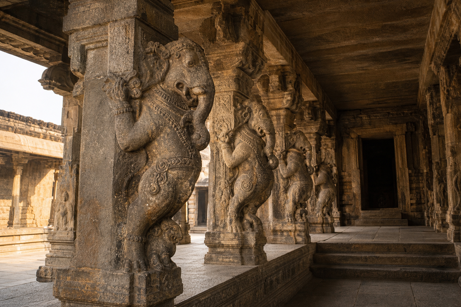 Gaja Vyali relief projecting from a stone pillar along the approach to a shadowed temple hall.