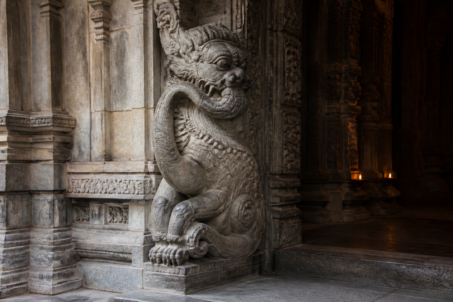 Stone Gaja Vyali positioned at the boundary between a sunlit temple courtyard and a darker inner passage.