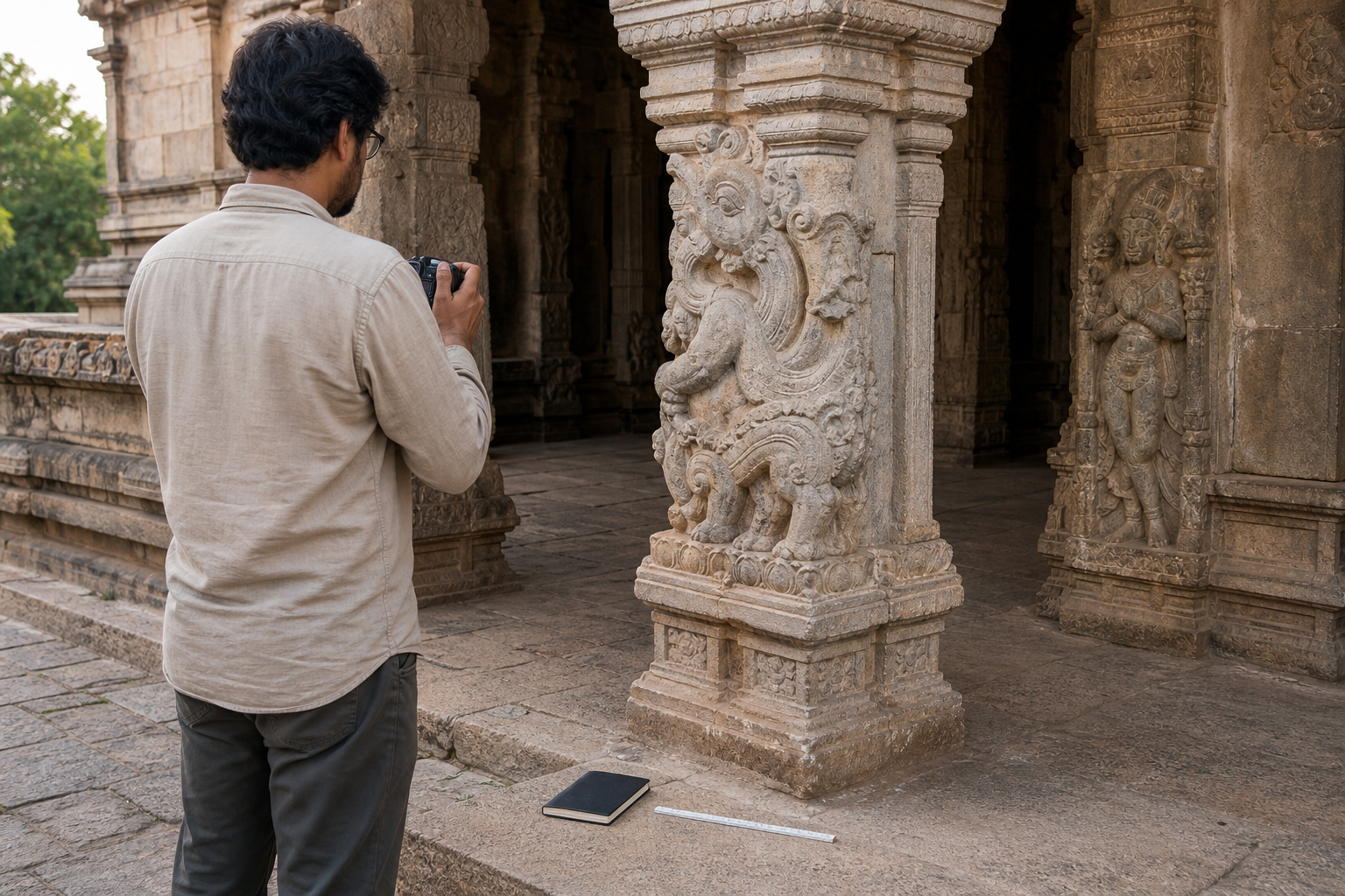 Researcher photographing a Gaja Vyali carving together with its pillar, surrounding reliefs, and temple passage.