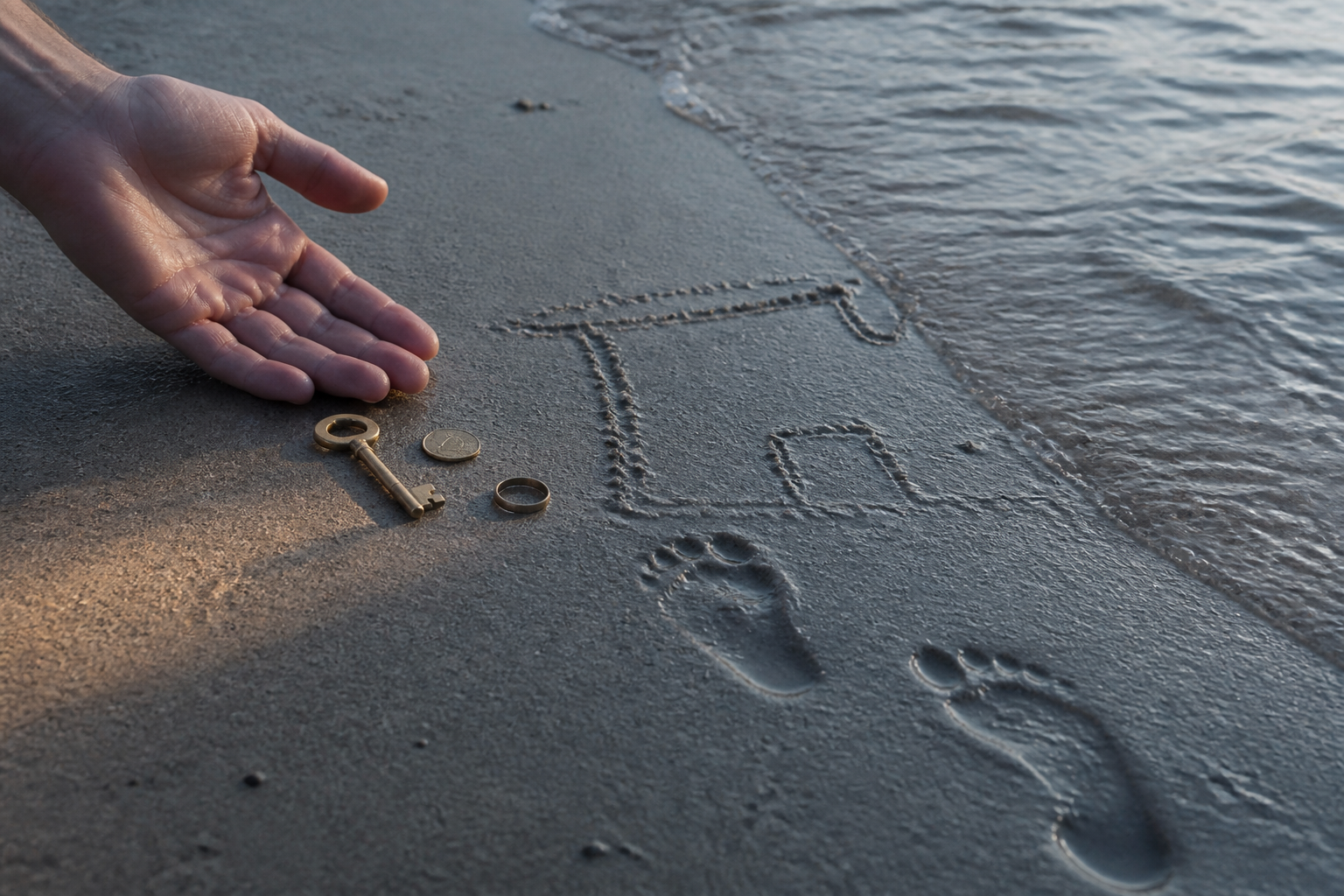 An open hand releases a key, coin, and ring onto sand as river water erases footprints and a house-shaped outline.