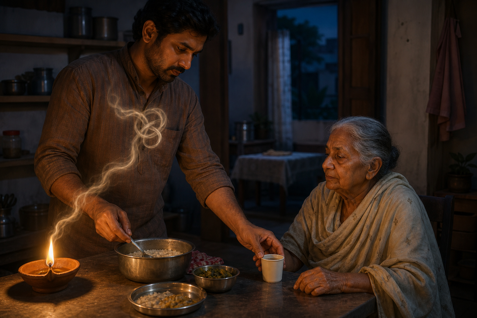 An adult cooks and sets medicine beside an elderly relative while a smoke-like knot near the adult's chest unravels toward a clay lamp.